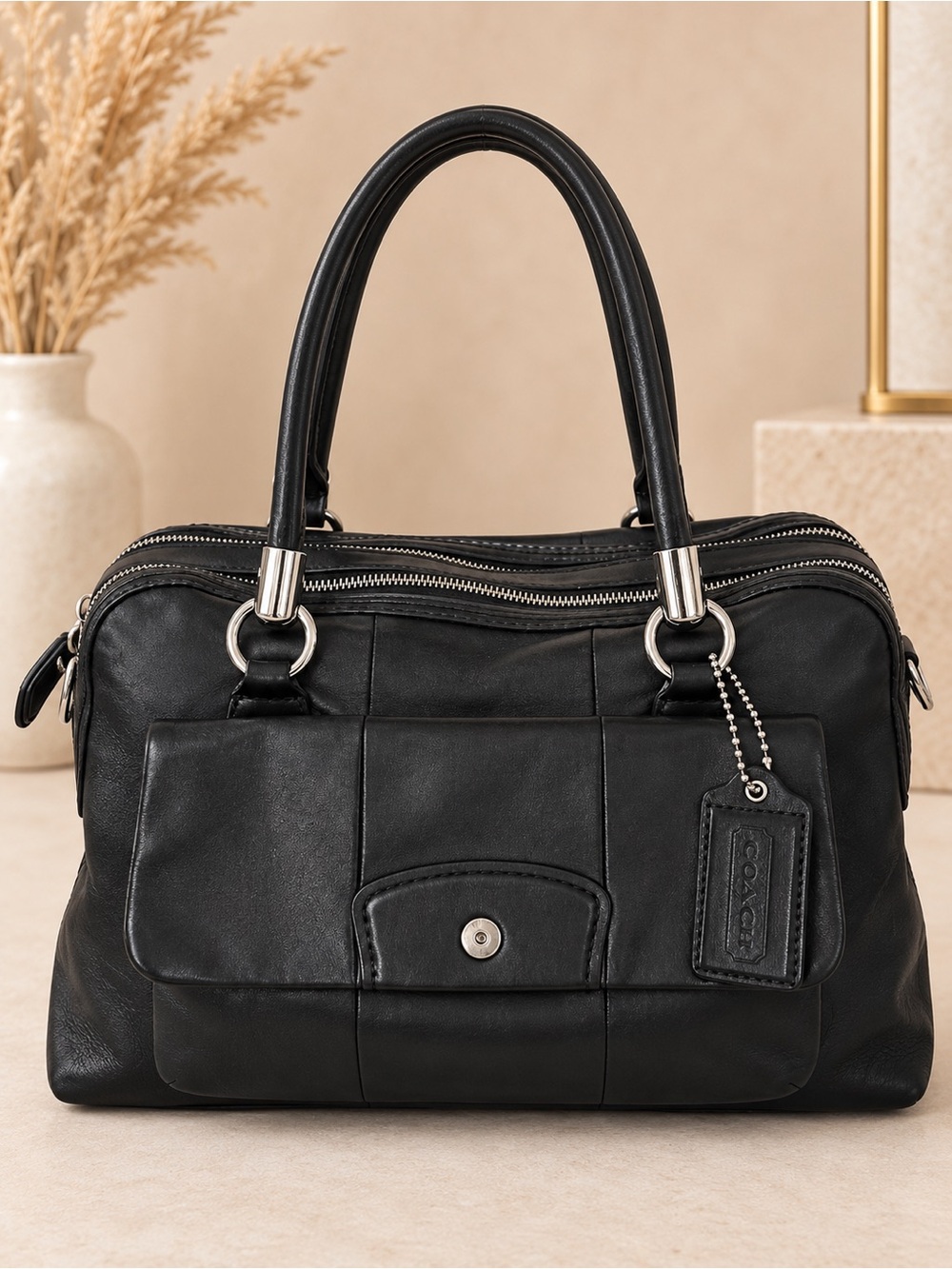 Coach Kristin 14751 Black Leather Large Satchel Double Zip Pocket Bag